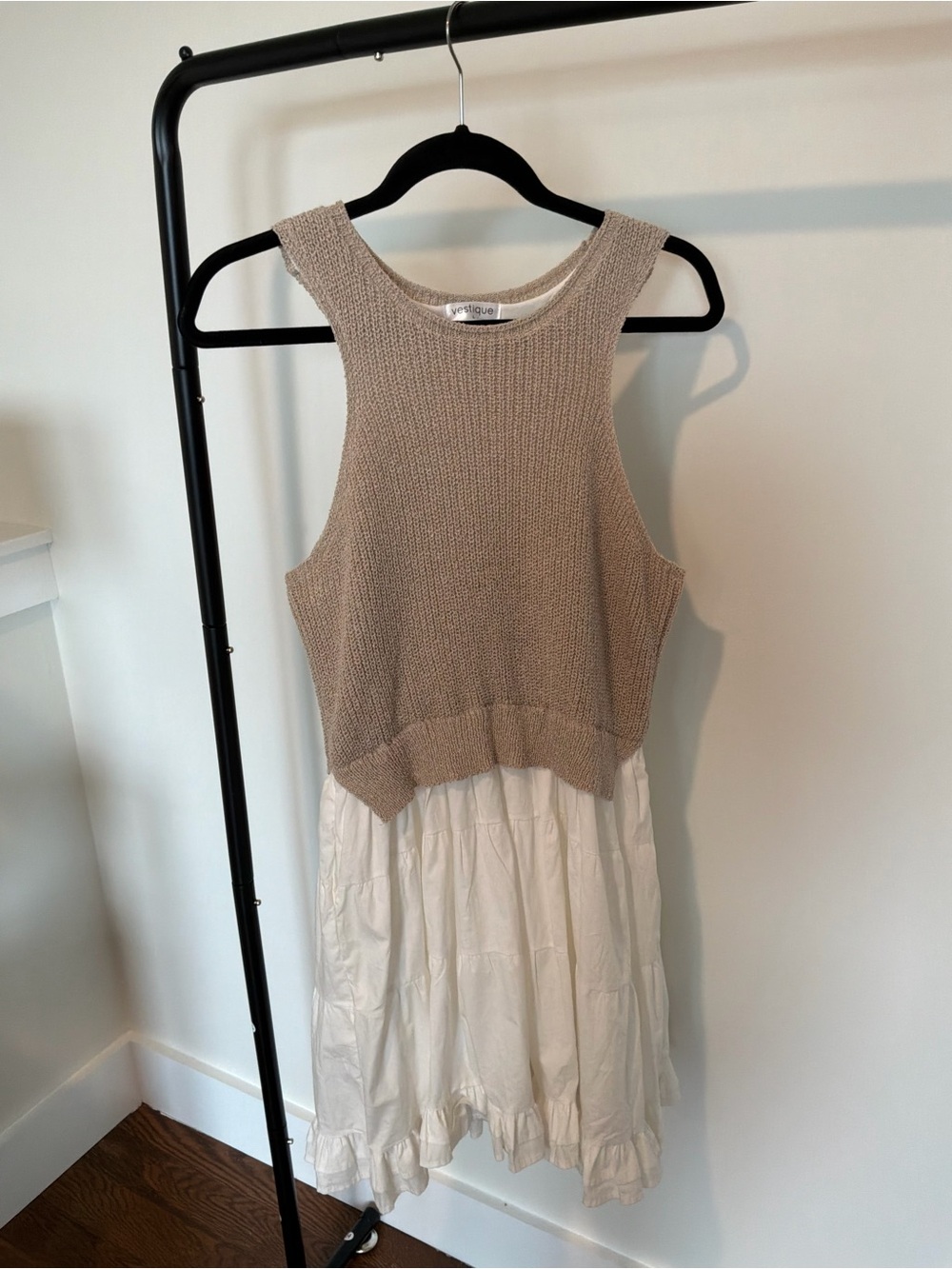 vestique Beige Knit Tank with White Skirt Layered Dress